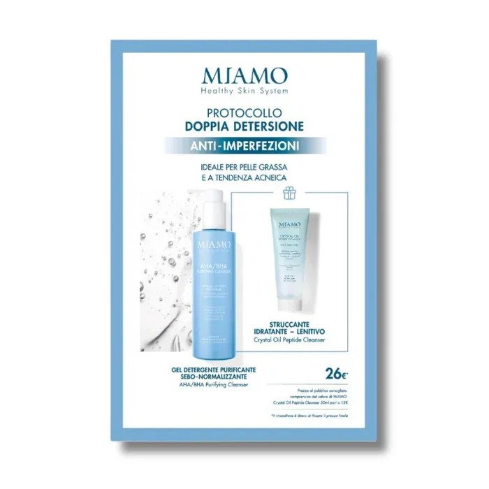 MIAMO 2026 COFANETTO DETERSIONE ANTI IMPERFEZIONE 1 AHA/BHA PURIFYING CLEANSER 250 ML + 1 CRYSTAL OIL PEPTIDE CLEANSER 50 ML + 1 OMAGGIO LAVETTE BAMBU' - Farma Nice