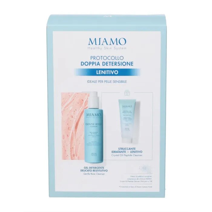 MIAMO 2026 COFANETTO DETERSIONE LENITIVO 1 GENTLE ROSE CLEANSER 250 ML + 1 CRYSTAL OIL PEPTIDE CLEANSER 50 ML + 1 OMAGGIO LAVETTE BAMBU' - Farma Nice