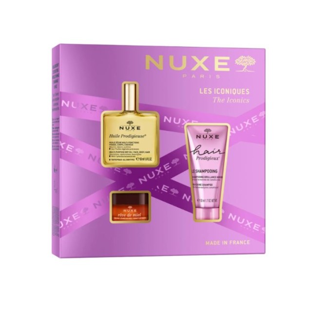 NUXE COFFRET BESTSELLER 2025 1 HUILE PRODIGIEUSE 50 ML + 1 HAIR PRODIGIEUX 50 ML + 1 REVE DE MIELE HONEY LIP BALM 15 G - Farma Nice