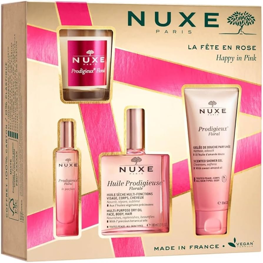 NUXE COFFRET HUILE PRODIGIEUSE FLORALE 2025 1 HUILE PRODIGIEUSE FLORALE 100 ML + 1 PRODIGIEUX FLORAL LE PARFUM 15 ML + 1 PRODIGIEUX FLORAL SCENTED SHOWER GEL 100 ML + FLORAL CANDLE - Farma Nice