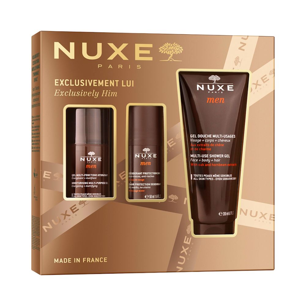 NUXE COFFRET NUXE MEN 2025 1 NUXE MEN MOISTURISING MULTI PURPOSE GEL 50 ML + 1 NUXE MEN 24H PROTECTION DEODORANT 30 ML + 1 NUXE MENT MULTI USE SHOWER GEL 200 ML - Farma Nice