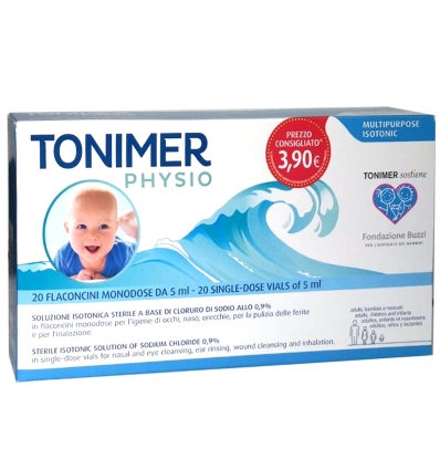 TONIMER PHYSIO MONODOSE SOLUZIONE ISOTONICA MULTIFUNZIONE A BASE DI CLORURO DI SODIO 0,9% 20 FLACONCINI 5 ML PROMO - Farma Nice