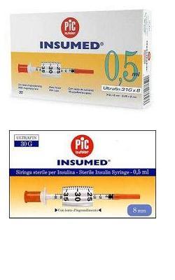 SIRINGA PER INSULINA PIC INSUMED 0,5 ML 100 UI AGO GAUGE 30 LUNGHEZZA 8 MM SENZA SPAZIO MORTO 3 SACCHETTI DA 10 PEZZI - Farma Nice