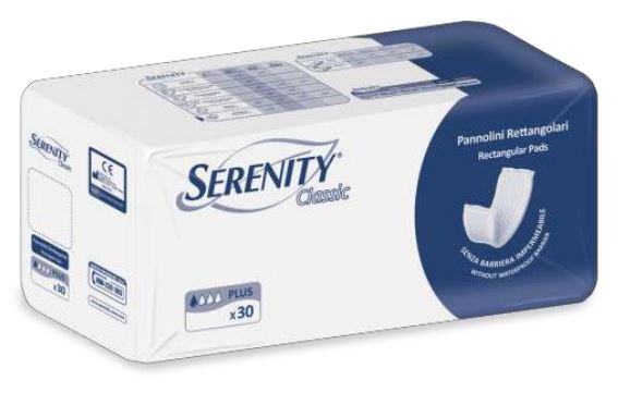 PANNOLONE PER INCONTINENZA RETTANGOLARE SENZA BARRIERA IMPERMEABILE SERENITY CLASSIC 30 PEZZI - Farma Nice
