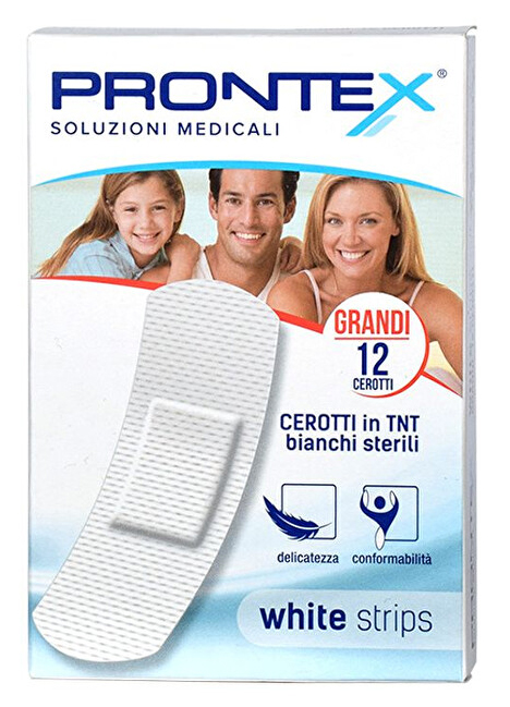 CEROTTO PRONTEX WHITE STRIPS IN TESSUTO NON TESSUTO BIANCO STERILE SCATOLA 12 CEROTTI GRANDI - Farma Nice