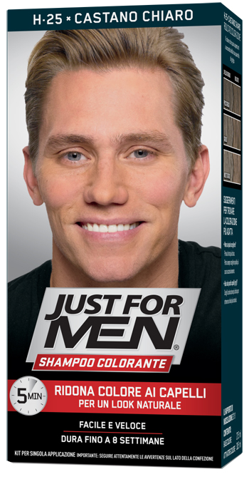 JUST FOR MEN SHAMPOO COLORANTE H25 CASTANO CHIARO ATTIVATORE CHIARO 38,5 ML + BASE COLORE 27,5 ML - Farma Nice