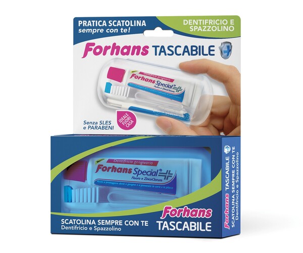 FORHANS TRAVEL KIT TASCABILE COMPOSTO DA SPAZZOLINO DA VIAGGIO + FORHANS SPECIAL PASTA DENTIFRICIA TUBETTO 12,5 ML - Farma Nice