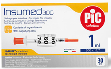 SIRINGA INSULINA PIC INSUMED 1 ML 100 UI AGO GAUGE 30 12,7 MM SENZA SPAZIO MORTO 30 PEZZI - Farma Nice