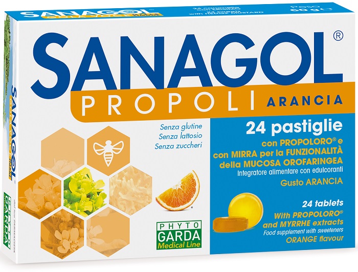 SANAGOL PROPOLI SENZA ZUCCHERO ARANCIA 24 CARAMELLE - Farma Nice