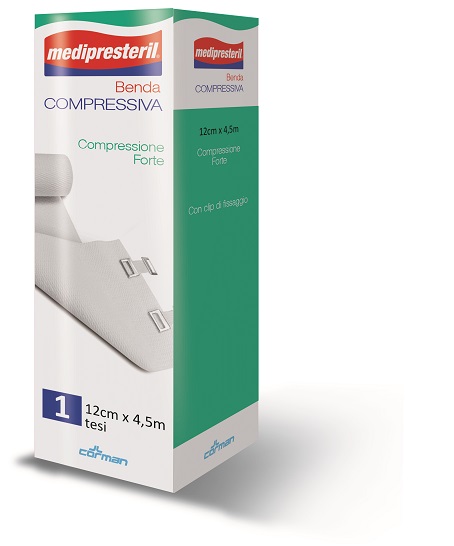 BENDA MEDIPRESTERIL COMPRESSIONE FORTE M4,5X12CM TESI CON CLIP DI FISSAGGIO - Farma Nice