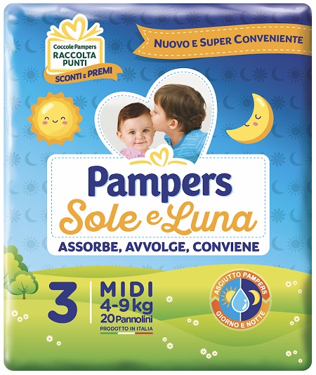 PANNOLINO PER BAMBINO PAMPERS SOLE & LUNA MIDI 20 PEZZI - Farma Nice