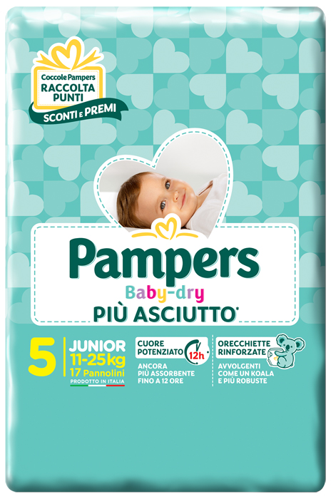 PANNOLINI PER BAMBINI PAMPERS BABY DRY DOWNCOUNT NO FLASH JUNIOR 17 PEZZI - Farma Nice