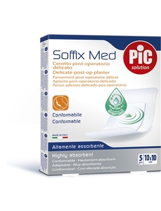 CEROTTO PIC SOFFIX MED IN TNT CON TAMPONE CENTRALE ASSORBENTE STERILE MONOUSO 10X10 CM ANTIBATTERICO 5 PEZZI - Farma Nice