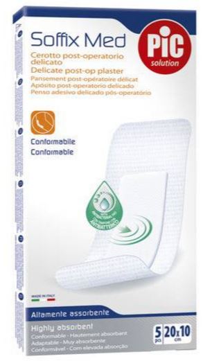 CEROTTO PIC SOFFIX MED IN TNT CON TAMPONE CENTRALE ASSORBENTE STERILE MONOUSO 10X20 CM ANTIBATTERICO 5 PEZZI - Farma Nice