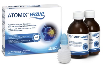 ATOMIX WAVE DISPOSITIVO PER IGIENE RINOFARINGEA ATOMIX SOLUZIONE SALINA 250 ML 2 PEZZI + TERMINALE NASALE + EROGATORE A SOFFIETTO - Farma Nice