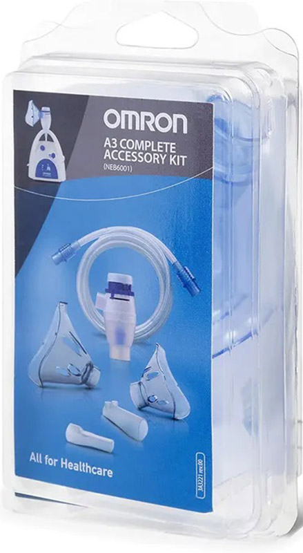OMRON A3 COMPLETE KIT RICAMBIO AMPOLLA REGOLABILE + TUBO + MASCHERINA PEDIATRICA + MASCHERINA ADULTI + FORCELLE NASALI + BOCCAGLIO - Farma Nice