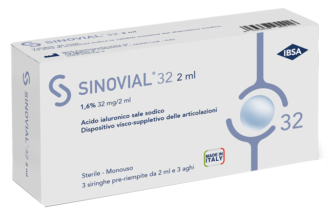 SIRINGA INTRA-ARTICOLARE SINOVIAL 32 ACIDO IALURONICO SALE SODICO 1,6% 32MG/2ML 3 SIRINGHE X 2ML + 3 AGHI - Farma Nice