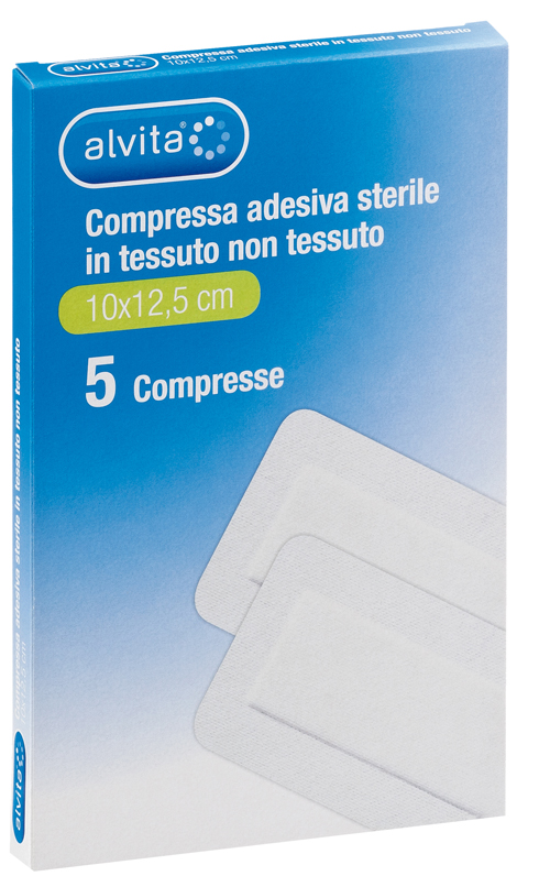 ALVITA GARZA COMPRESSA ADESIVA STERILE IN TESSUTO NON TESSUTO ESTENSIBILE BIANCO 10X12,5CM - Farma Nice