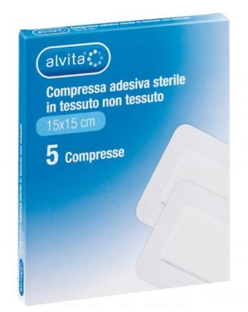 ALVITA GARZA COMPRESSA ADESIVA STERILE IN TESSUTO NON TESSUTO ESTENSIBILE BIANCO 15X15CM 5 PEZZI - Farma Nice