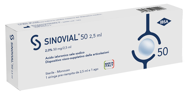 SIRINGA INTRA-ARTICOLARE SINOVIAL 50 ACIDO IALURONICO SALE SODICO 2% 50MG/2,5ML 2,5ML + AGO 21 GAUGE - Farma Nice