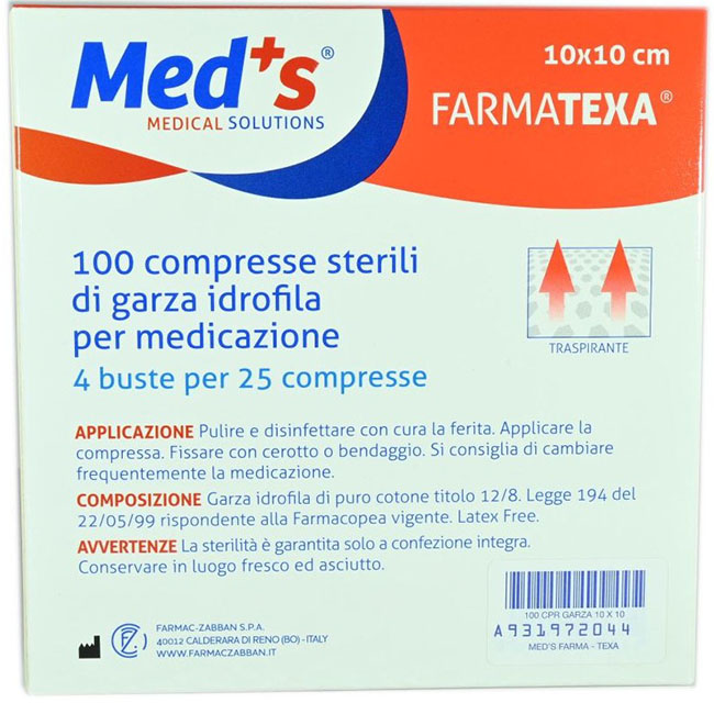 GARZA COMPRESSA IDROFILA MEDS FARMATEXA 2/8 10X10CM 100 PEZZI - Farma Nice