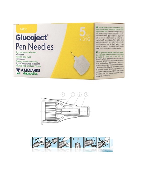 AGO PER PENNA DA INSULINA GLUCOJECT LUNGHEZZA 5 MM GAUGE 31 100 PEZZI - Farma Nice