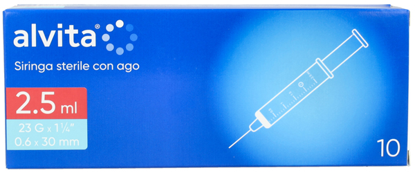 SIRINGA PER INFUSIONE E IRRIGAZIONE ALVITA 2,5 ML CON AGO 23 GAUGE 1 1/4 0,6X30MM 10 PEZZI - Farma Nice