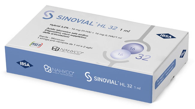 SIRINGA INTRA-ARTICOLARE SINOVIAL HL 32 ACIDO IALURONICO SALE SODICO 16MG H-HA + 16MG H-LA/1ML + AGO 22 GAUGE + AGO 29 GAUGE - Farma Nice