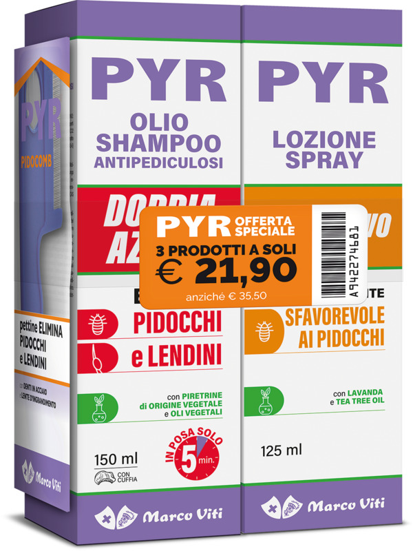 PYR ABB OLIO SHAMPOO ANTIPEDICULOSI + 1 OLIO SHAMPOO DOPPIA AZIONE + 1 LOZIONE SPRAY + 1 PETTINE LENDINI - Farma Nice