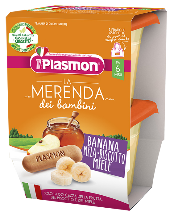 PLASMON LA MERENDA DEI BAMBINI MERENDE BANANA MELA BISCOTTO MIELE ASETTICO 2 X 120 G - Farma Nice