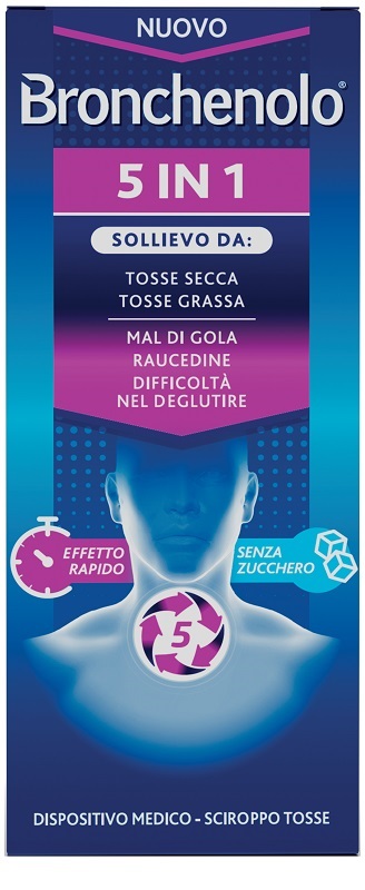 BRONCHENOLO 5 IN 1 SCIROPPO TOSSE 120 ML SENZA ZUCCHERO, ALCOL, LATTOSIO, GLUTINE, COLORANTI ARTIFICIALI E OGM - Farma Nice