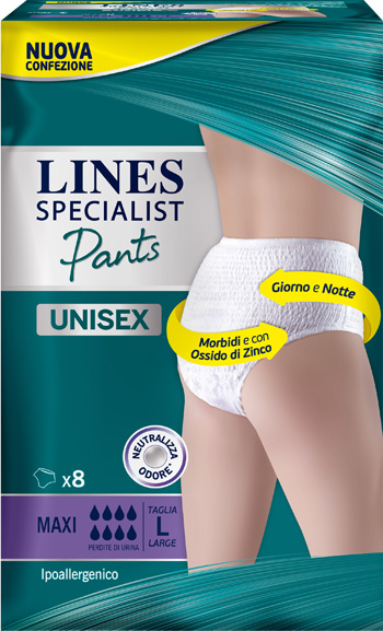 LINES SPECIALIST PANTS MAXI L X 8 PANNOLONE MUTANDINA INDOSSABILE COME NORMALE BIANCHERIA TIPO PULL-ON - Farma Nice