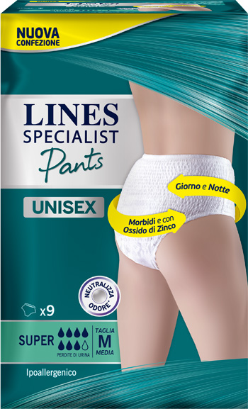 LINES SPECIALIST PANTS SUPER M X 9 PANNOLONE MUTANDINA INDOSSABILE COME NORMALE BIANCHERIA TIPO PULL-ON - Farma Nice