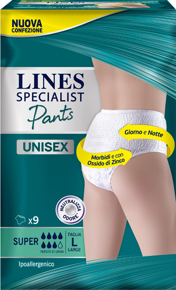 LINES SPECIALIST PANTS SUPER L X 9 PANNOLONE MUTANDINA INDOSSABILE COME NORMALE BIANCHERIA TIPO PULL-ON - Farma Nice