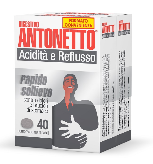 DIGESTIVO ANTONETTO ACIDITA' E REFLUSSO 80 COMPRESSE MASTICABILI 2 ASTUCCI DA 40 COMPRESSE - Farma Nice