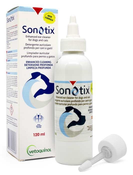 SONOTIX DETERGENTE AURICOLARE PROFONDO CANI E GATTI 120 ML + CANNULA CORTA RIGIDA + CANNULA LUNGA FLESSIBILE - Farma Nice