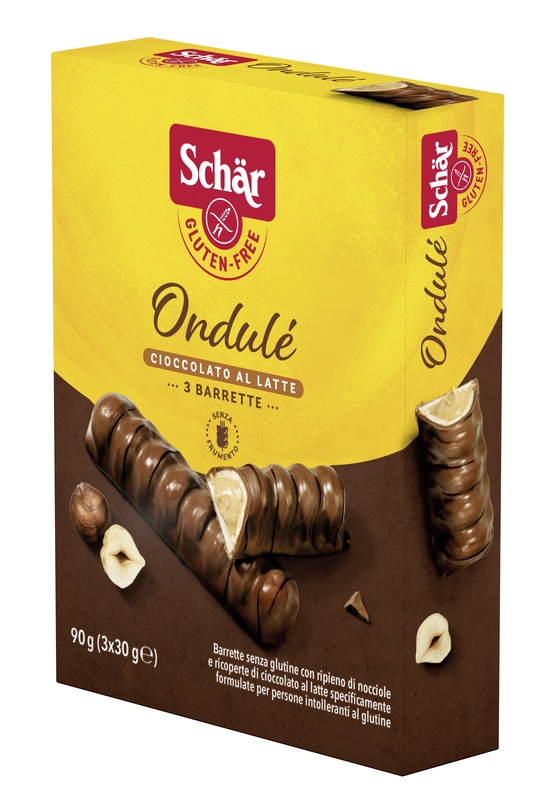 SCHAR ONDULE' BARRETTE CON RIPIENO DI NOCCIOLE RICOPERTE DI CIOCCOLATO AL LATTE 3 PORZIONI DA 30 G - Farma Nice