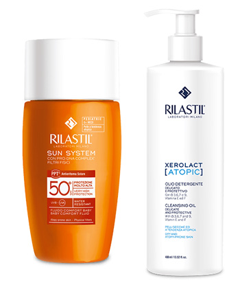 RILASTIL SUN SYSTEM FLUIDO COMFORT PEDIATRIC 50 ML + RILASTIL XEROLAC ATOPIX OLIO 50 ML - Farma Nice