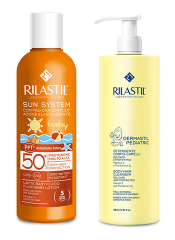 RILASTIL SUN SYSTEM LATTE BABY FLUIDO 200 ML + DERMASTIL DETERGENTE 250 ML - Farma Nice