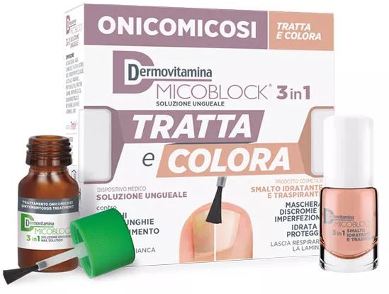 DERMOVITAMINA MICOBLOCK 3 IN 1 TRATTA E COLORA SOLUZIONE UNGUEALE 7 ML + SMALTO IDRATANTE TRASPIRANTE 5 ML - Farma Nice