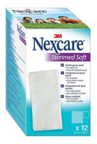 GARZA COMPRESSA STERILE NEXCARE STERIMED SOFT 18X40 CM MUL TILINGUAL 12 PEZZI - Farma Nice