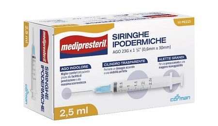 SIRINGA IPODERMICA MEDIPRESTERIL AGO 23 GAUGE 1 1/4 0,6X30MM 2,5 ML 10 PEZZI - Farma Nice