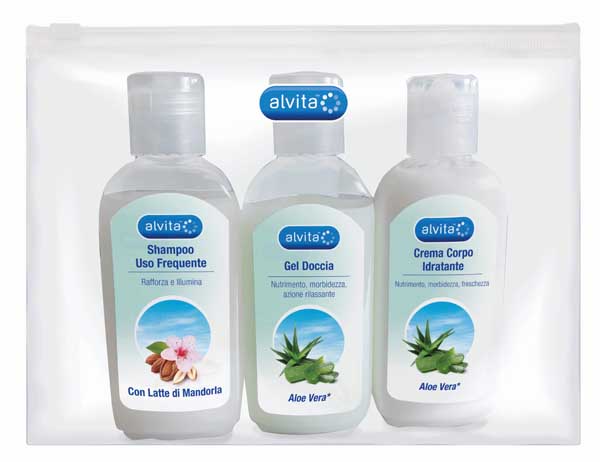 ALVITA KIT VIAGGIO BODY CARE 1 GEL DOCCIA ALOE VERA 75 ML + 1 CREMA CORPO IDRATANTE ALOE 75 ML + 1 SHAMPOO USO FREQUENTE 75 ML - Farma Nice