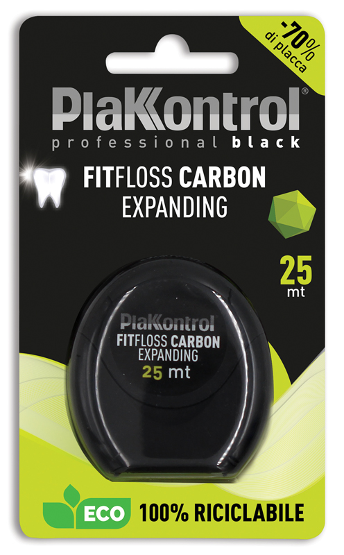 PLAKKONTROL PROFESSIONAL BLACK FITFLOSS CARBON EXPANDING FILO INTERDENTALE 25 METRI FRESH MINT - Farma Nice