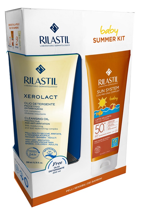 RILASTIL SUN SYSTEM PHOTO PROTECTION TERAPY SPF 50+ BABY LATTE VELLUTANTE 200 ML + RILASTIL XEROLACT OLIO 200 ML - Farma Nice