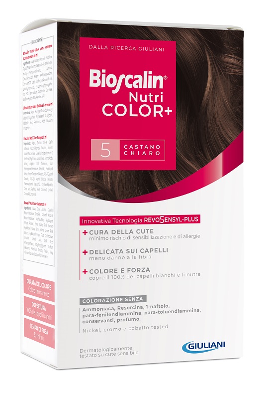 BIOSCALIN NUTRICOLOR PLUS 5 CASTANO CHIARO CREMA COLORANTE 40 ML + RIVELATORE CREMA 60 ML + SHAMPOO 12 ML + TRATTAMENTO FINALE BALSAMO 12 ML - Farma Nice
