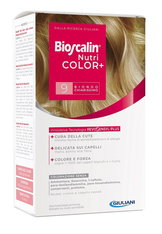 BIOSCALIN NUTRICOLOR PLUS 9 BIONDO CHIARISSIMO CREMA COLORANTE 40 ML + RIVELATORE CREMA 60 ML + SHAMPOO 12 ML + TRATTAMENTO FINALE BALSAMO 12 ML - Farma Nice