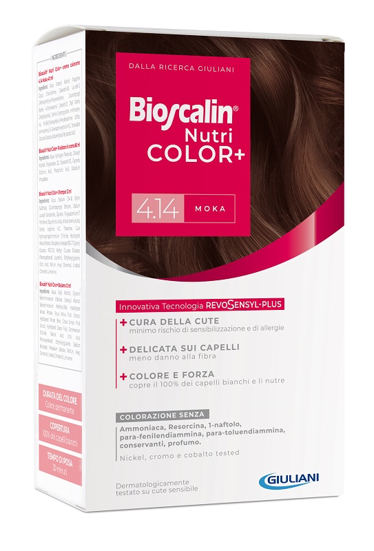 BIOSCALIN NUTRICOLOR PLUS 4,14 MOKA CREMA COLORANTE 40 ML + RIVELATORE CREMA 60 ML + SHAMPOO 12 ML + TRATTAMENTO FINALE BALSAMO 12 ML - Farma Nice