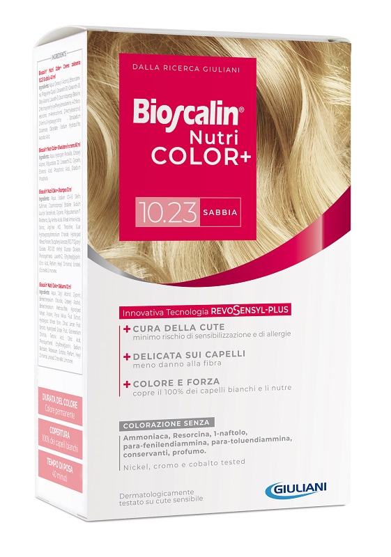 BIOSCALIN NUTRICOLOR PLUS 10,23 SABBIA CREMA COLORANTE 40 ML + RIVELATORE CREMA 60 ML + SHAMPOO 12 ML + TRATTAMENTO FINALE BALSAMO 12 ML - Farma Nice