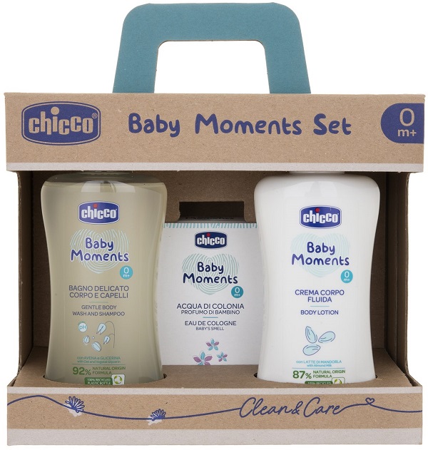 CHICCO BABY MOMENTS SET BAGNO DELICATO CORPO-CAPELLI PELLI DELICATE 200 ML + CREMA CORPO PELLI DELICATE 200 ML + ACQUA DI COLONIA BABY SMELL PELLI DELICATE 100 ML - Farma Nice